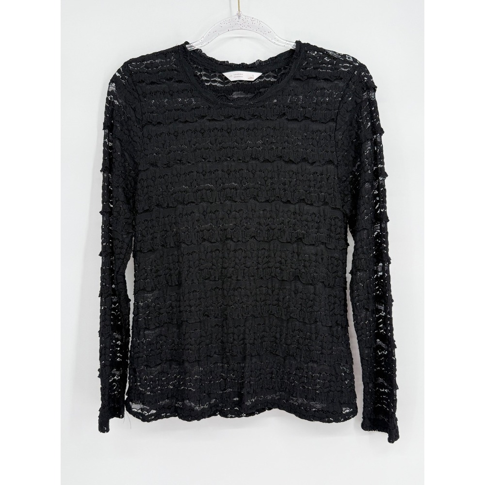 LC Lauren Conrad Black Ore Lace Tiered Ruffle Long Sleeve Top Sz L